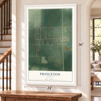 Princeton, Kansas map, 24 x 36 inch print in a white frame by a staircase