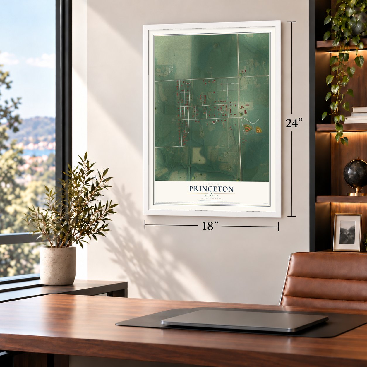 Princeton, Kansas map, 18 x 24 inch print in a white frame in a home office