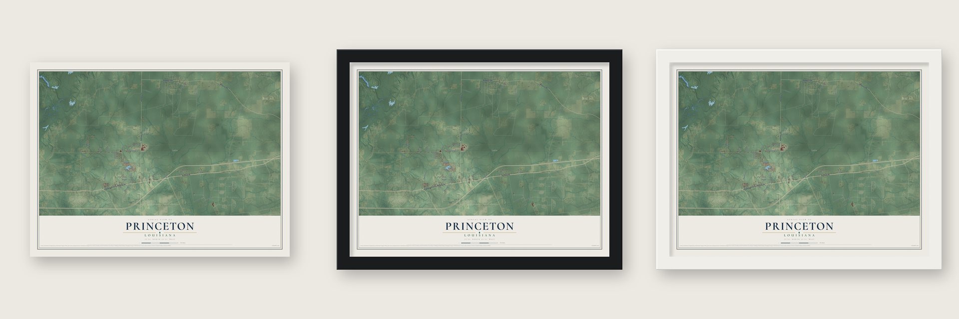 Princeton, Louisiana map unframed, in a black wood frame and in a white wood frame