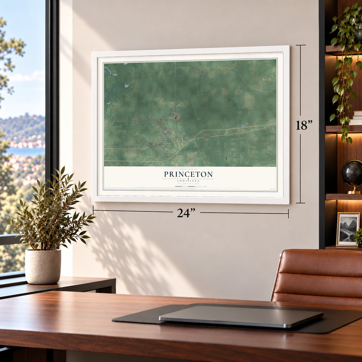 Princeton, Louisiana map, 18 x 24 inch print in a white frame in a home office