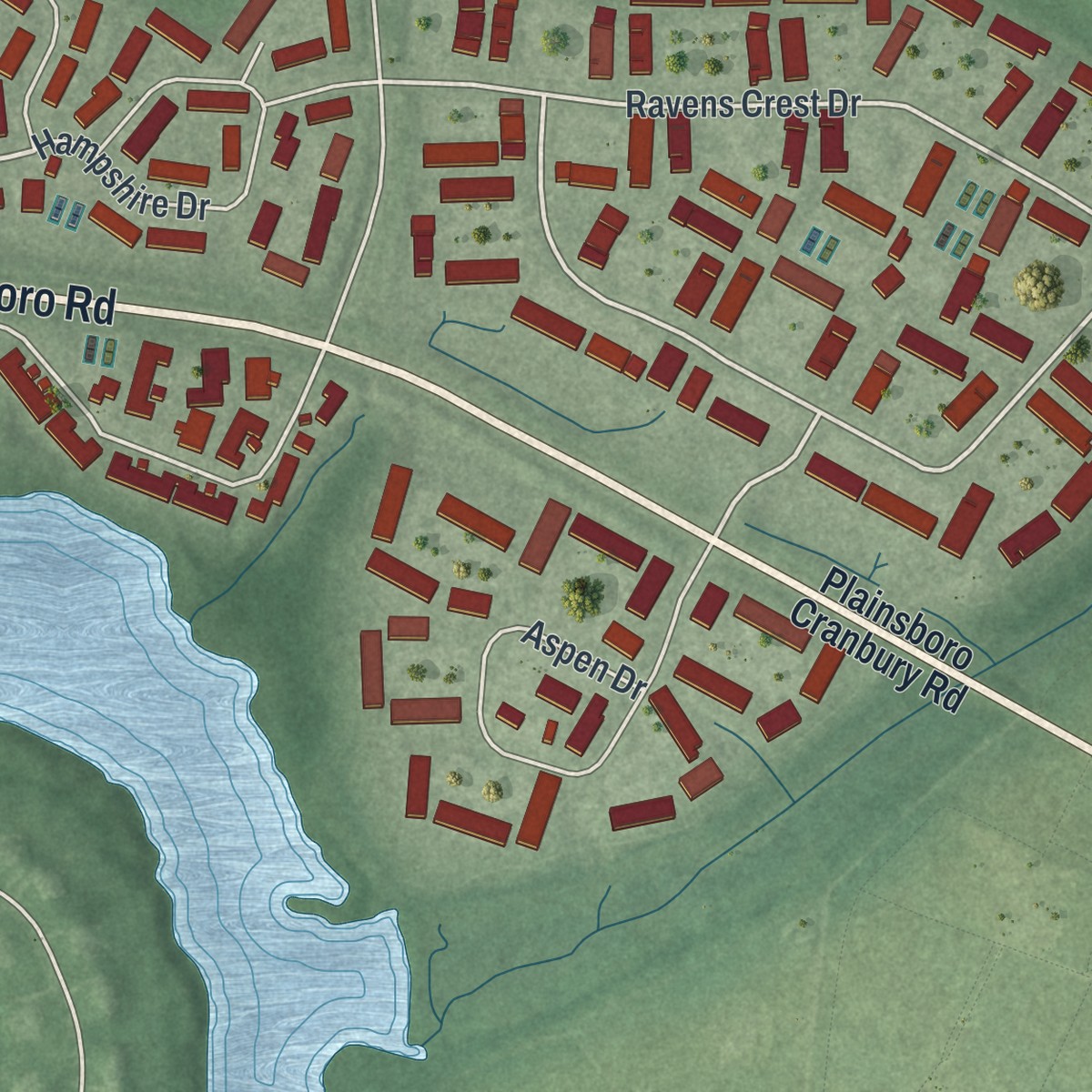 Second close-up of the map of Princeton Meadows, New Jersey print showing more streets and buildings
