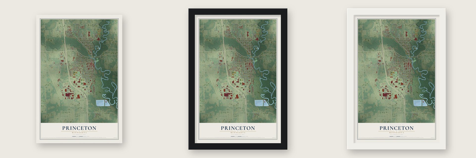 Princeton, Minnesota map unframed, in a black wood frame and in a white wood frame