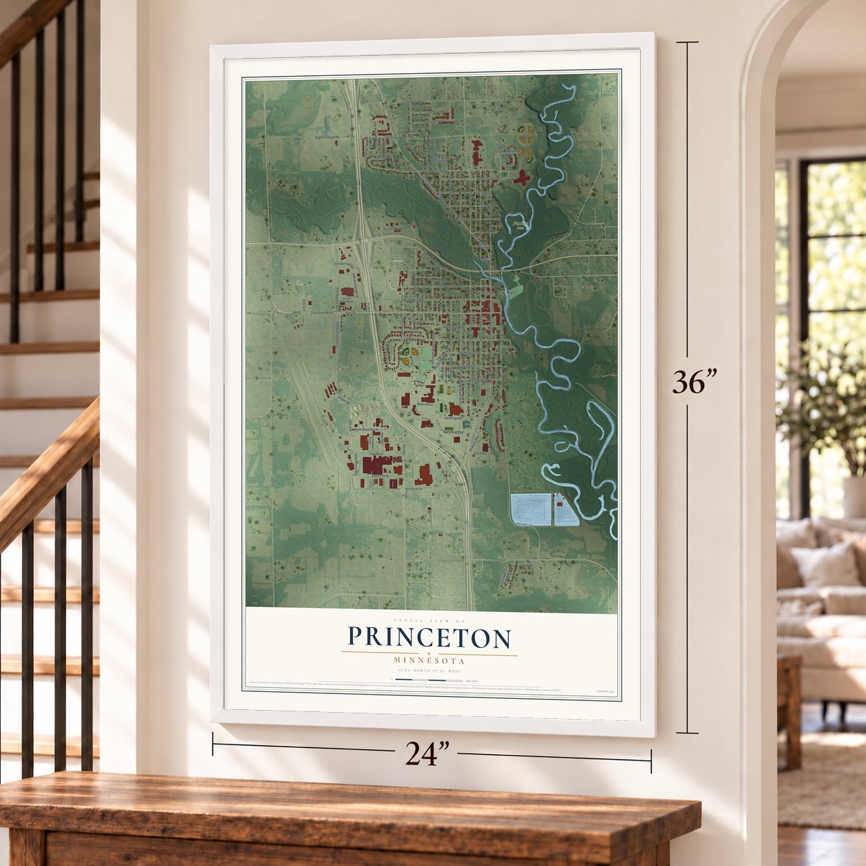 Princeton, Minnesota map, 24 x 36 inch print in a white frame by a staircase