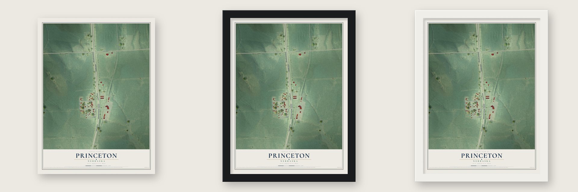 Princeton, Nebraska map unframed, in a black wood frame and in a white wood frame