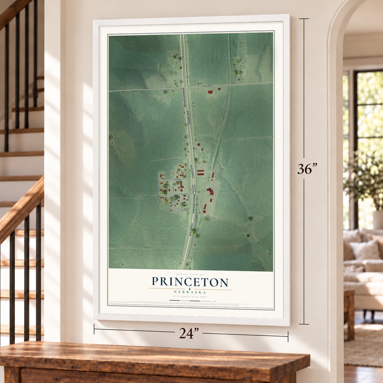 Princeton, Nebraska map, 24 x 36 inch print in a white frame by a staircase