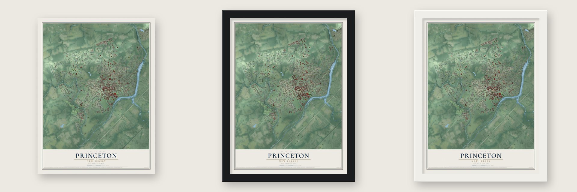Princeton, New Jersey map unframed, in a black wood frame and in a white wood frame