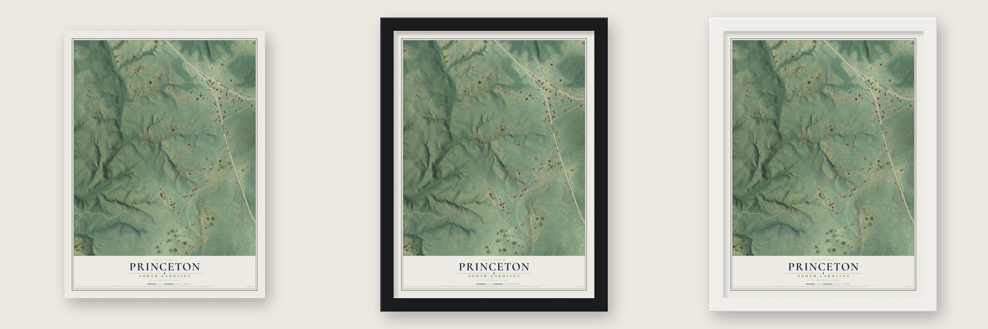 Princeton, South Carolina map unframed, in a black wood frame and in a white wood frame