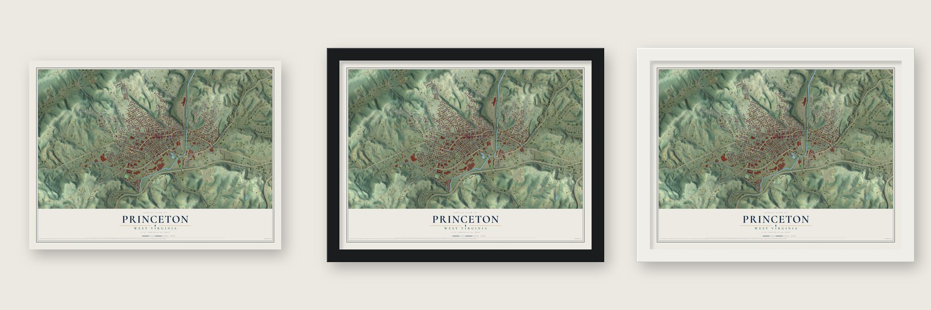 Princeton, West Virginia map unframed, in a black wood frame and in a white wood frame