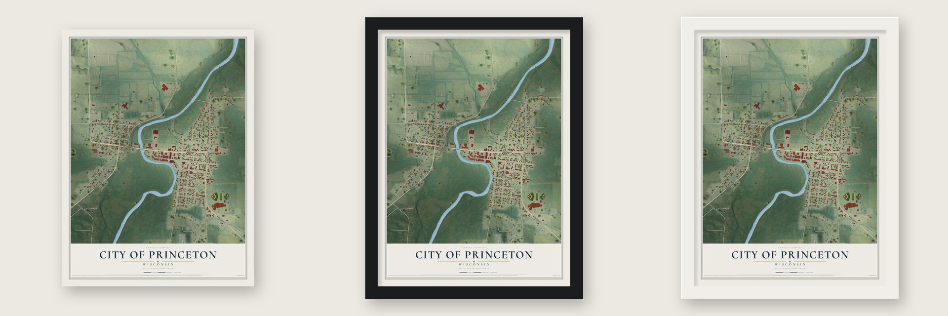 Princeton, Wisconsin map unframed, in a black wood frame and in a white wood frame