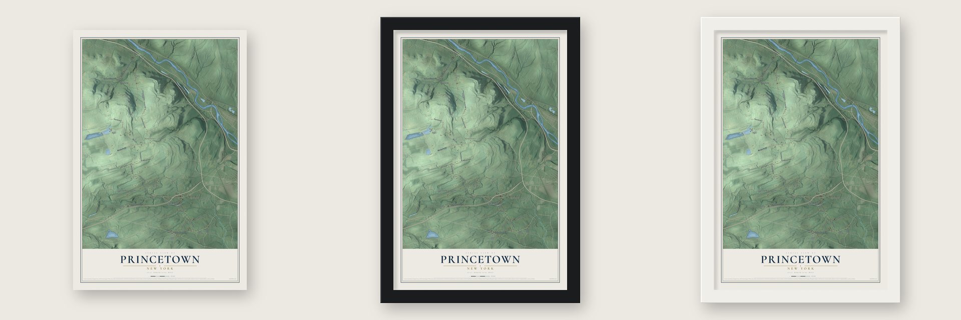Princetown, New York map unframed, in a black wood frame and in a white wood frame