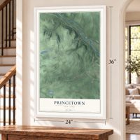 Princetown, New York map, 24 x 36 inch print in a white frame by a staircase