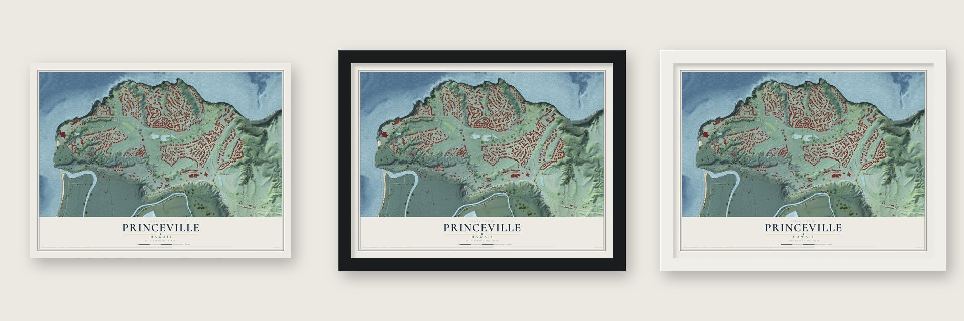Princeville, Hawaii map unframed, in a black wood frame and in a white wood frame