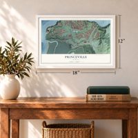 Princeville, Hawaii map, 12 x 18 inch print in a white frame in an entryway