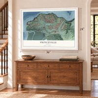 Princeville, Hawaii map, 24 x 36 inch print in a white frame above a dresser by a staircase