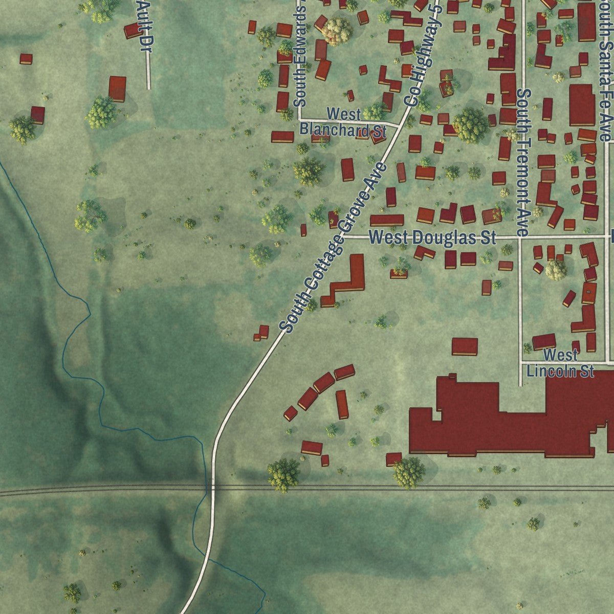 Second close-up of the map of Princeville, Illinois print showing more streets and buildings