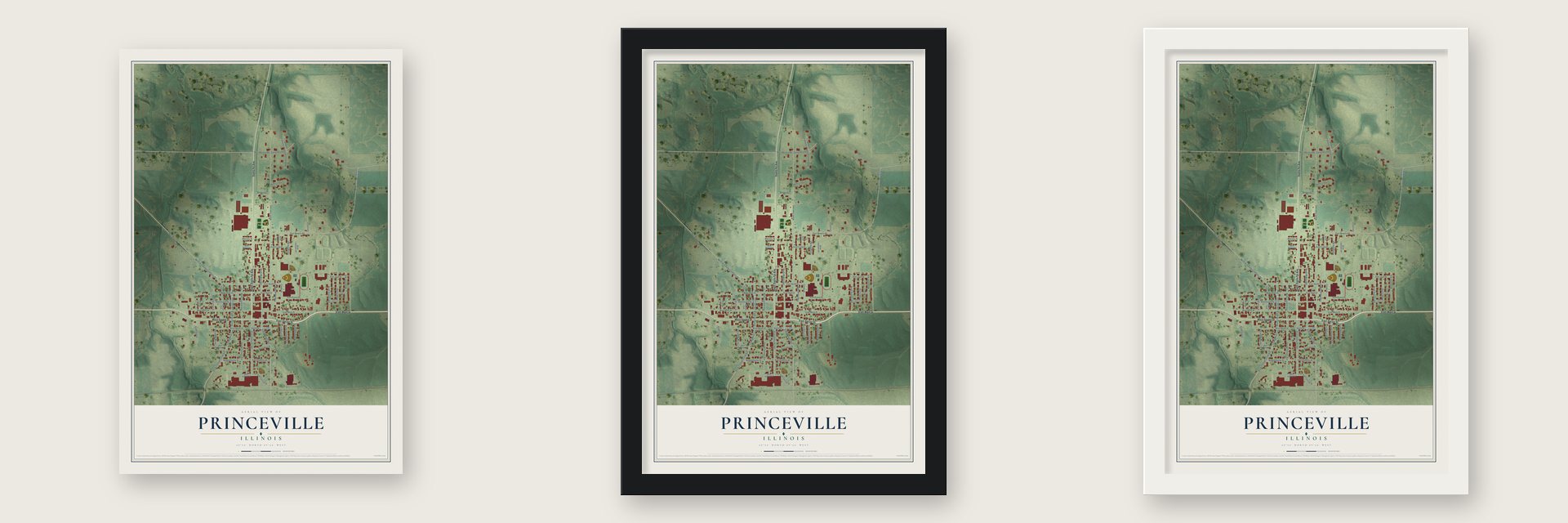 Princeville, Illinois map unframed, in a black wood frame and in a white wood frame