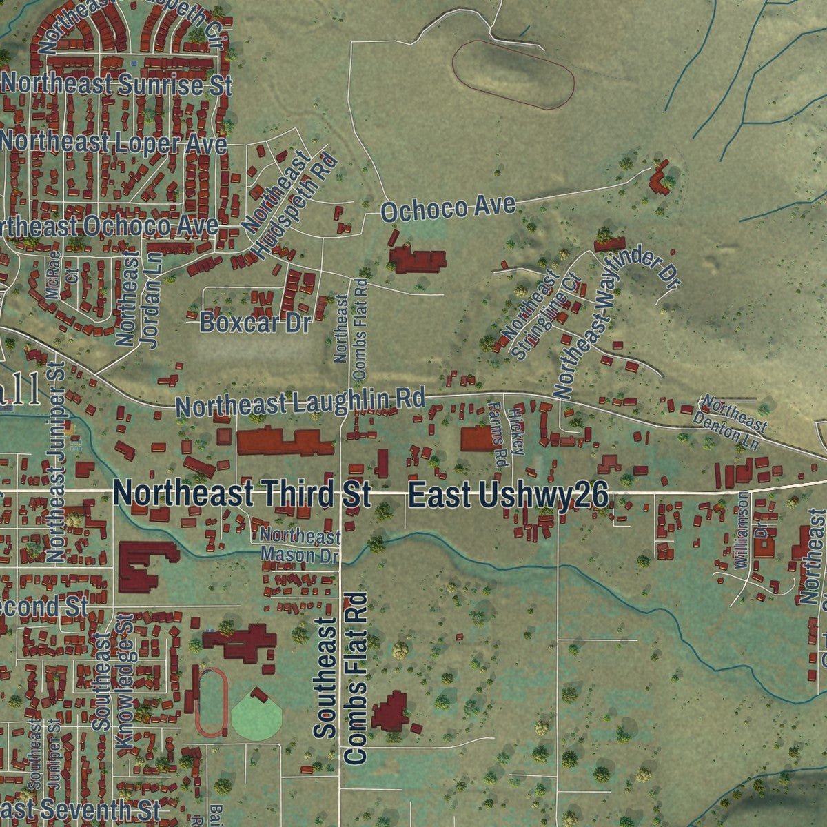 Second close-up of the map of Prineville, Oregon print showing more streets and buildings