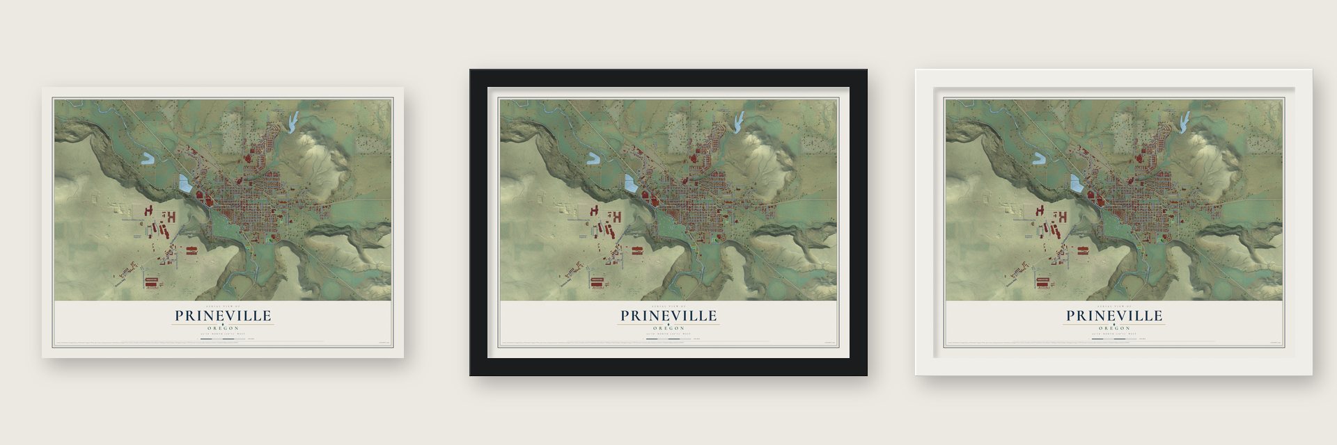 Prineville, Oregon map unframed, in a black wood frame and in a white wood frame