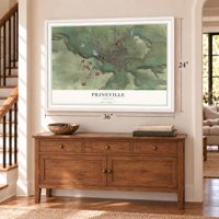 Prineville, Oregon map, 24 x 36 inch print in a white frame above a dresser by a staircase