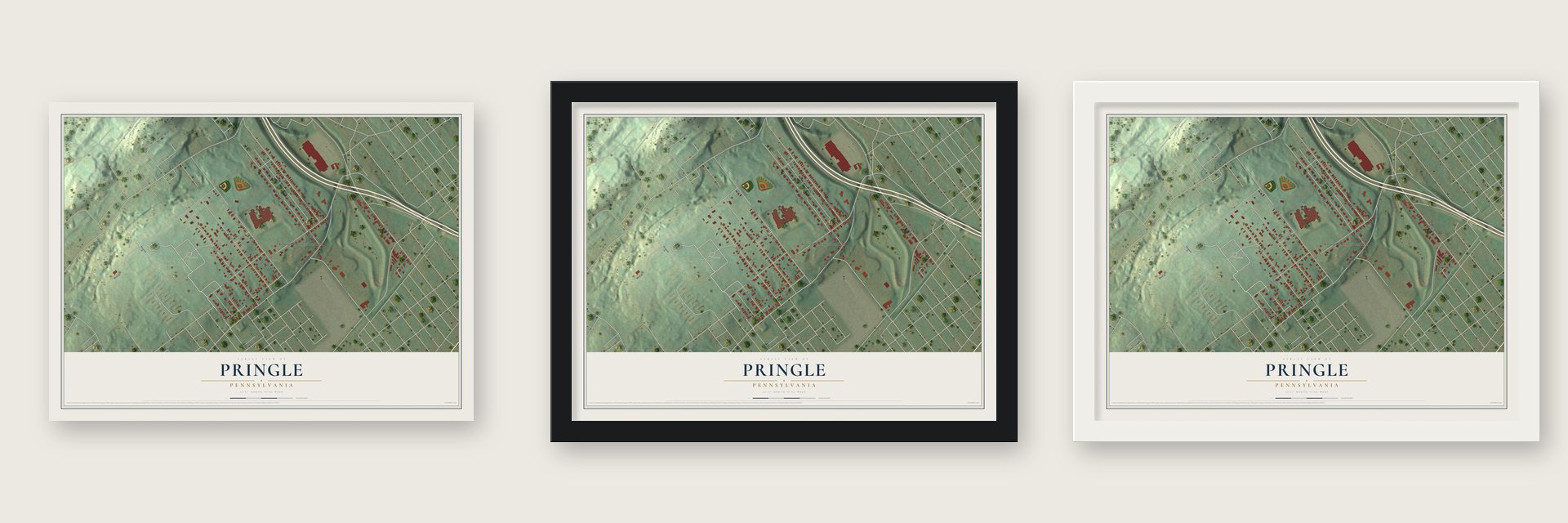 Pringle, Pennsylvania map unframed, in a black wood frame and in a white wood frame