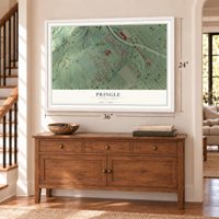 Pringle, Pennsylvania map, 24 x 36 inch print in a white frame above a dresser by a staircase