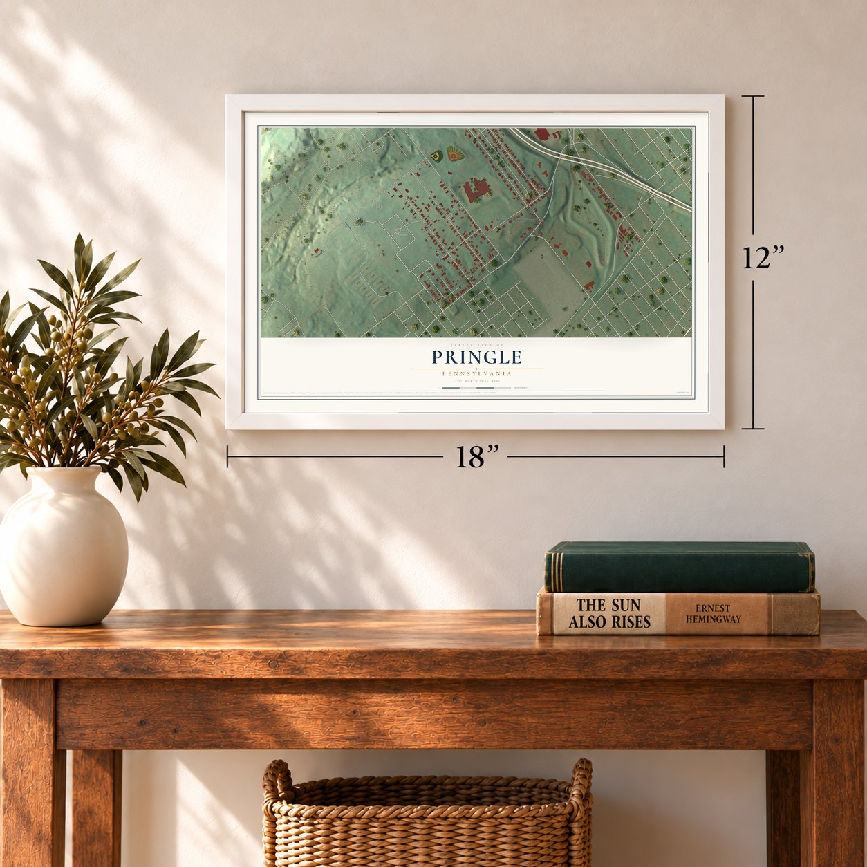 Pringle, Pennsylvania map, 12 x 18 inch print in a white frame in an entryway