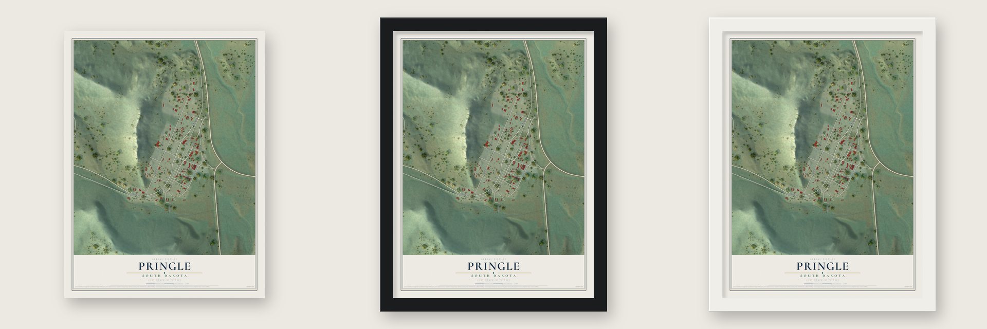 Pringle, South Dakota map unframed, in a black wood frame and in a white wood frame