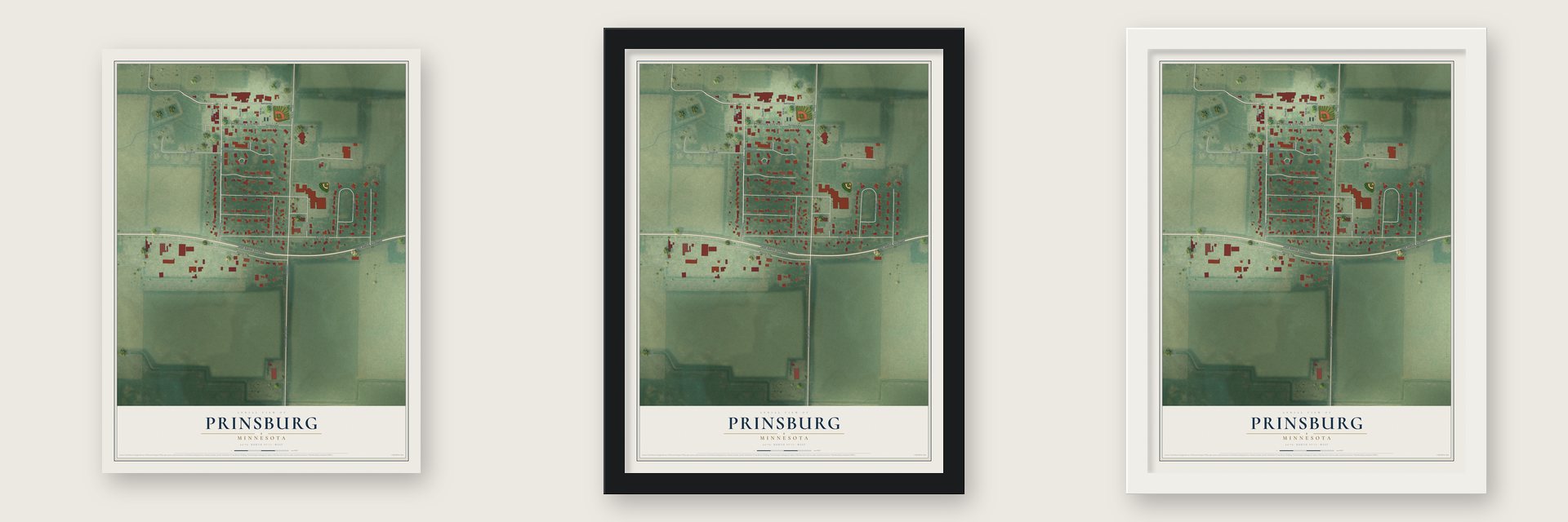 Prinsburg, Minnesota map unframed, in a black wood frame and in a white wood frame