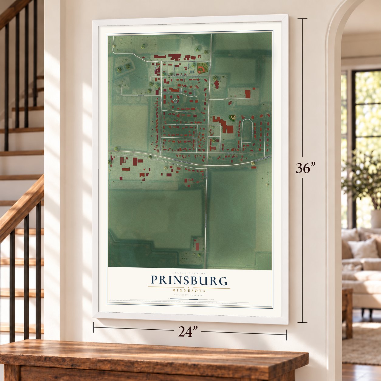 Prinsburg, Minnesota map, 24 x 36 inch print in a white frame by a staircase