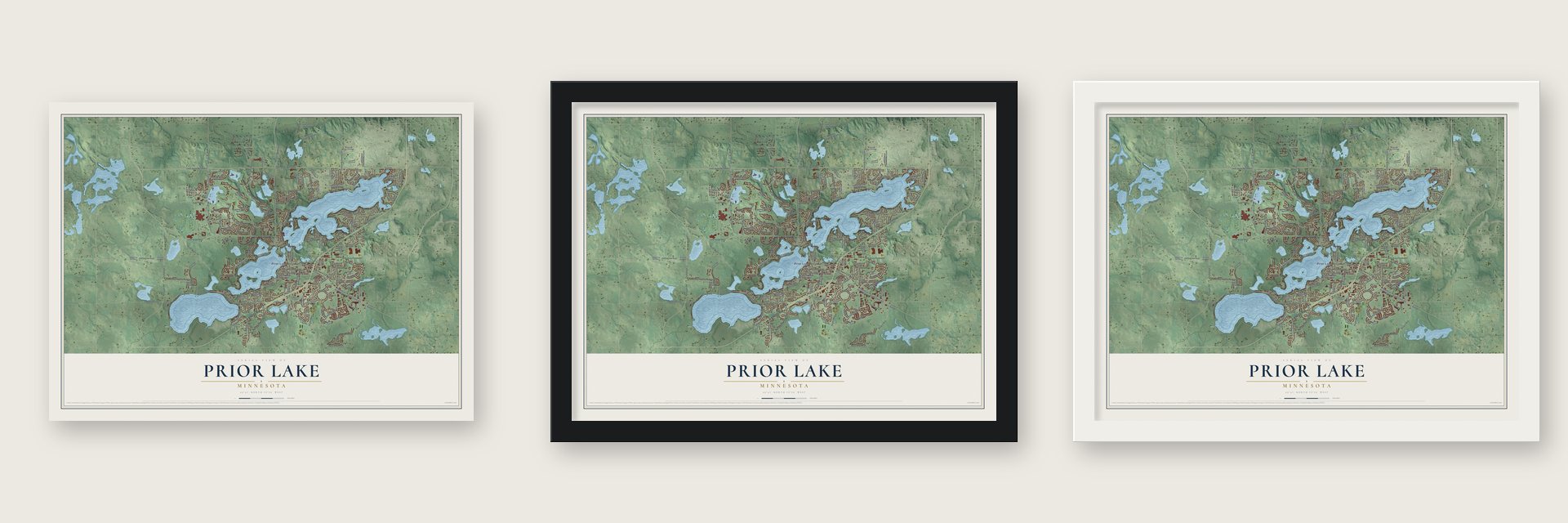Prior Lake, Minnesota map unframed, in a black wood frame and in a white wood frame