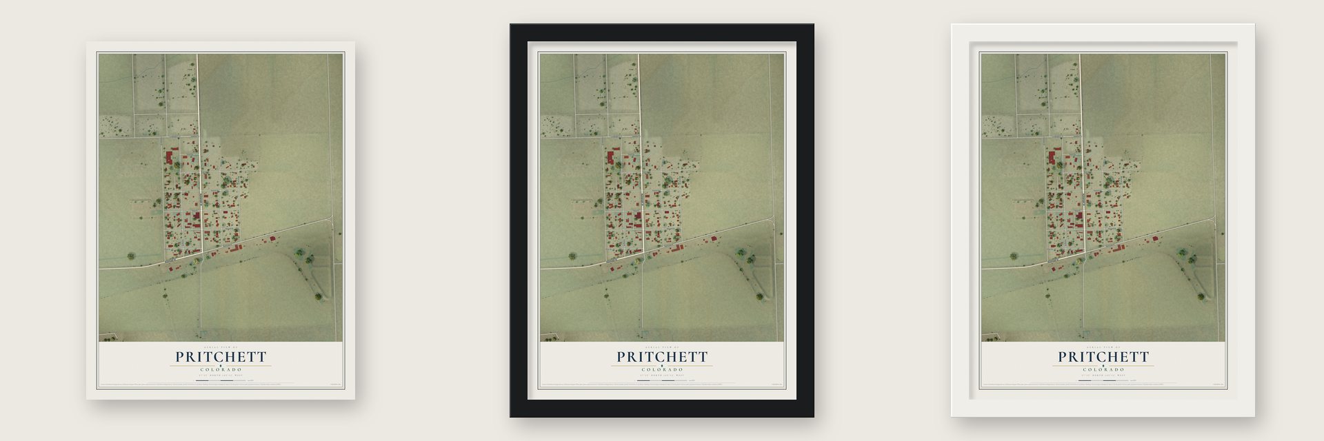 Pritchett, Colorado map unframed, in a black wood frame and in a white wood frame