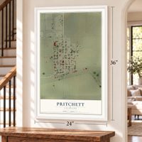 Pritchett, Colorado map, 24 x 36 inch print in a white frame by a staircase