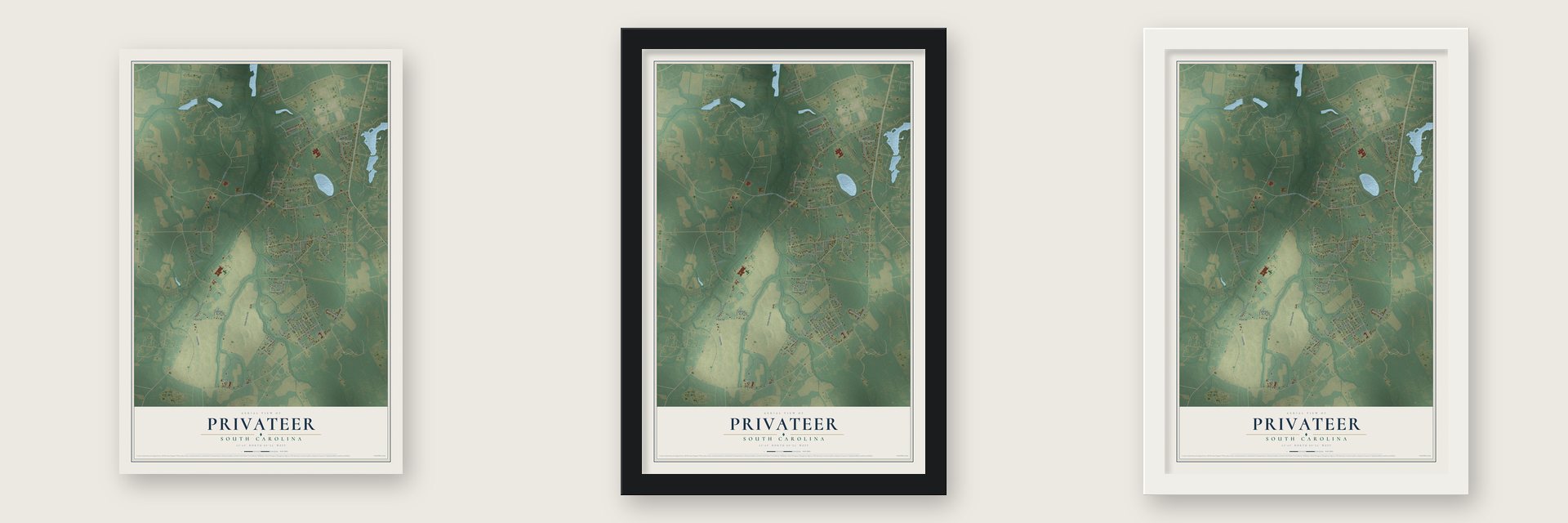 Privateer, South Carolina map unframed, in a black wood frame and in a white wood frame