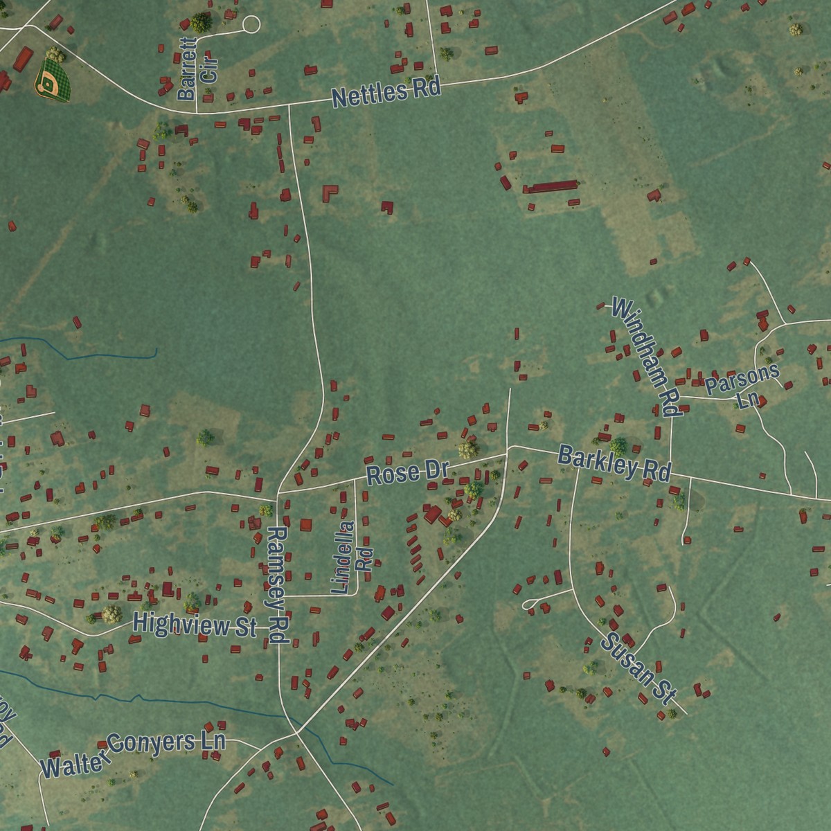 Second close-up of the map of Privateer, South Carolina print showing more streets and buildings