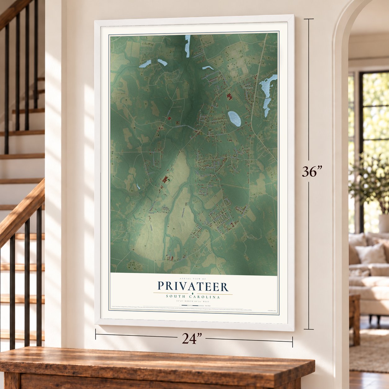 Privateer, South Carolina map, 24 x 36 inch print in a white frame by a staircase