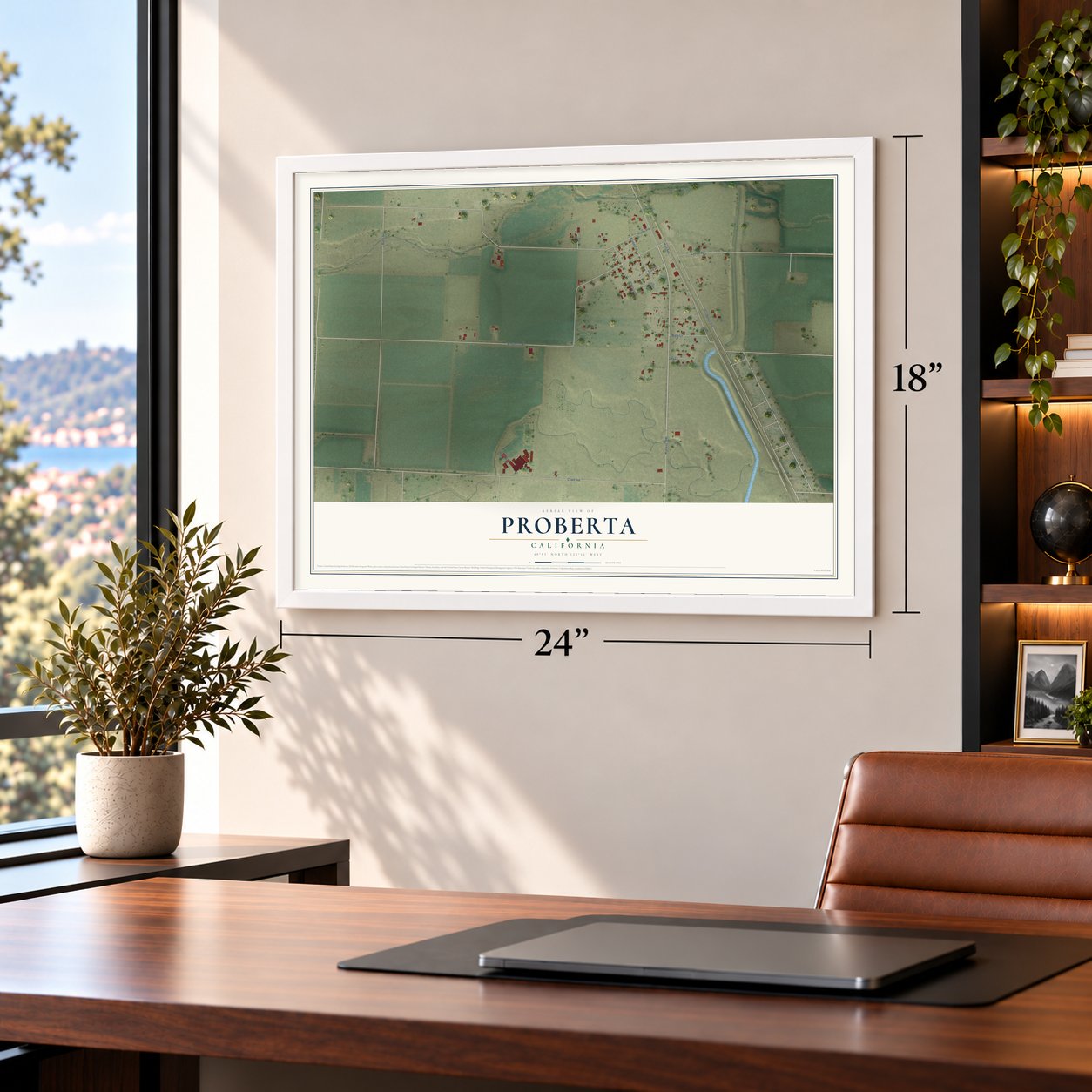 Proberta, California map, 18 x 24 inch print in a white frame in a home office