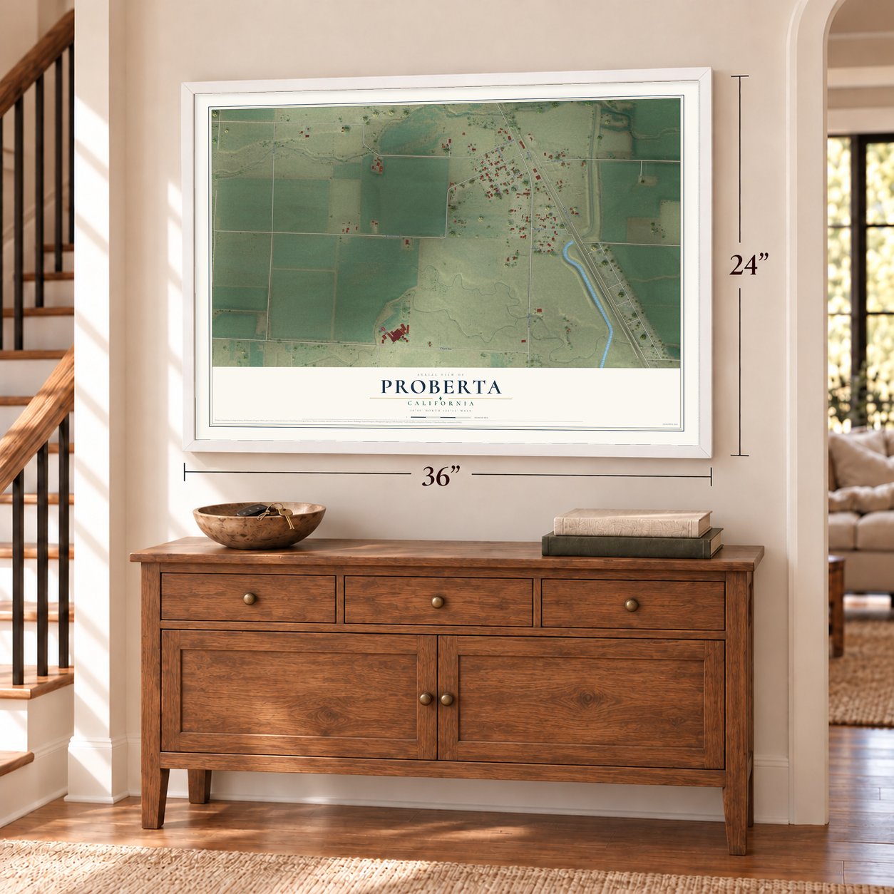 Proberta, California map, 24 x 36 inch print in a white frame above a dresser by a staircase