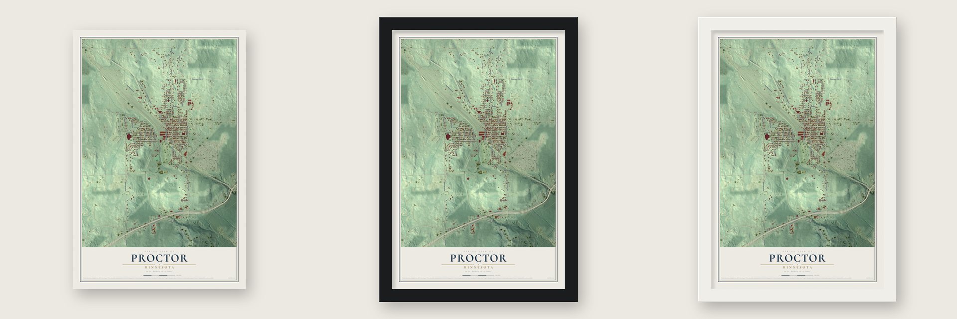 Proctor, Minnesota map unframed, in a black wood frame and in a white wood frame