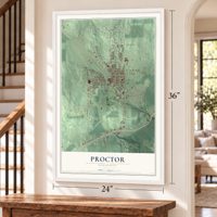Proctor, Minnesota map, 24 x 36 inch print in a white frame by a staircase