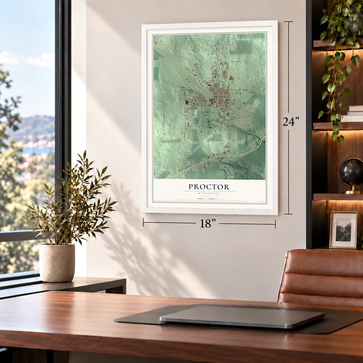 Proctor, Minnesota map, 18 x 24 inch print in a white frame in a home office
