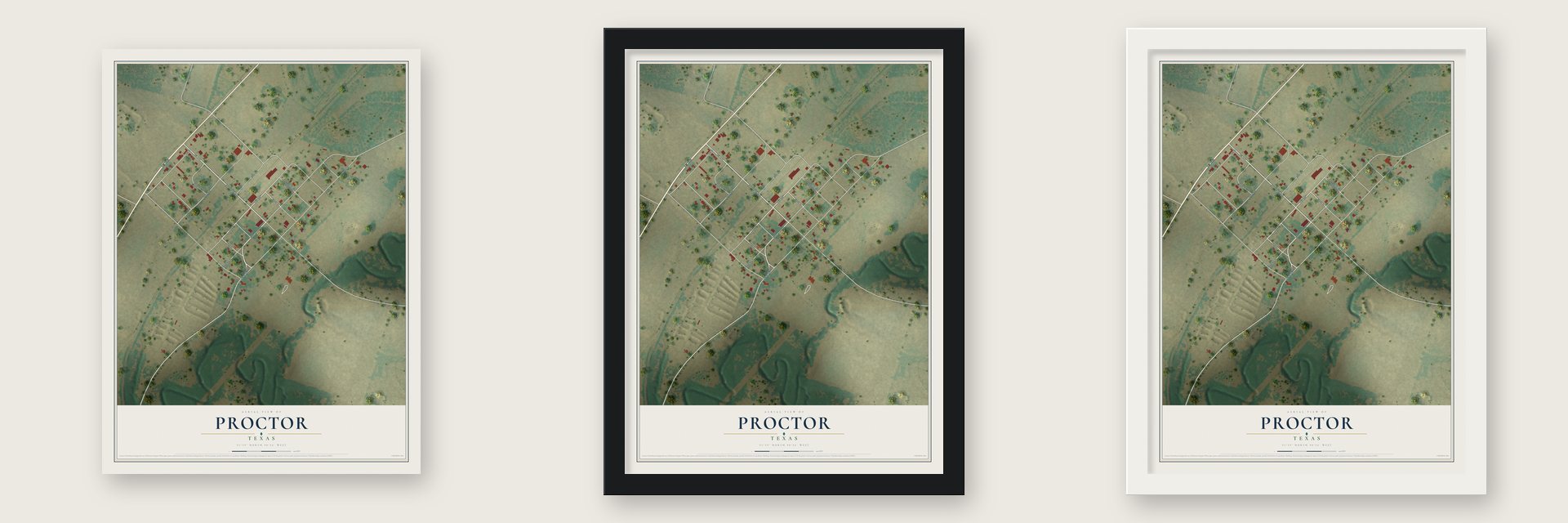 Proctor, Texas map unframed, in a black wood frame and in a white wood frame