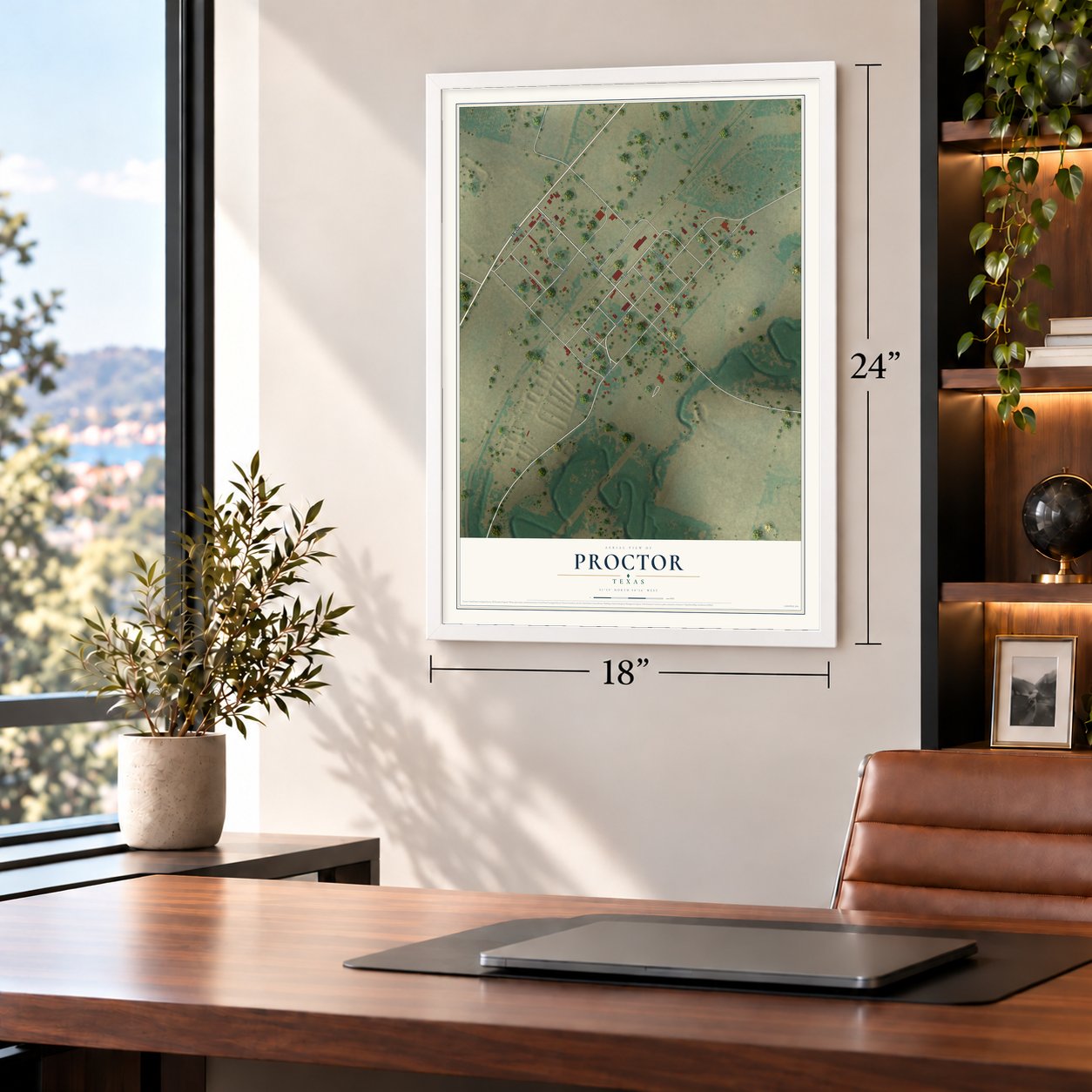 Proctor, Texas map, 18 x 24 inch print in a white frame in a home office