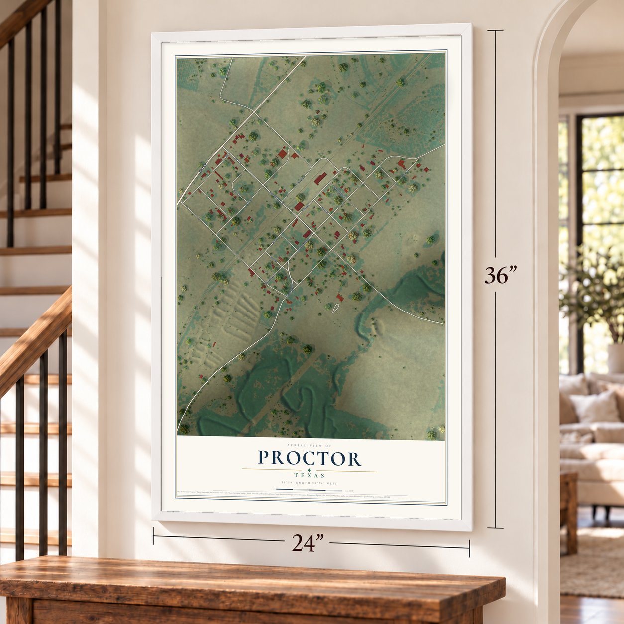Proctor, Texas map, 24 x 36 inch print in a white frame by a staircase