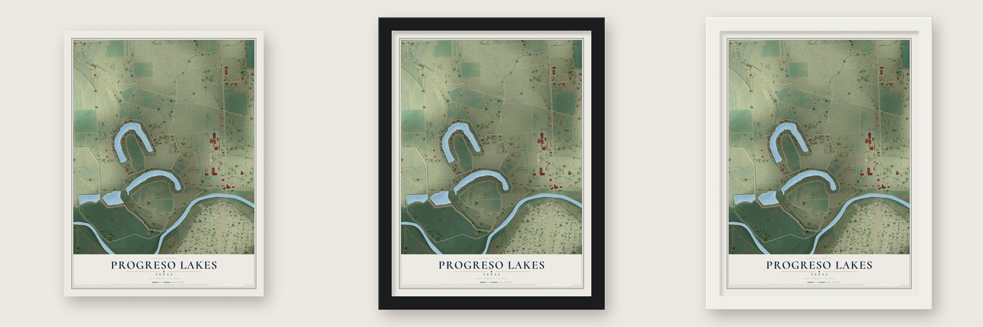 Progreso Lakes, Texas map unframed, in a black wood frame and in a white wood frame