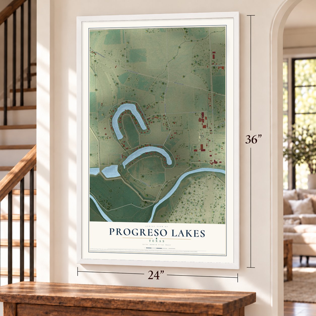 Progreso Lakes, Texas map, 24 x 36 inch print in a white frame by a staircase