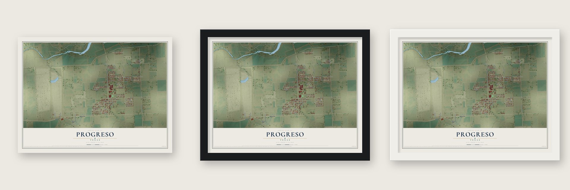 Progreso, Texas map unframed, in a black wood frame and in a white wood frame
