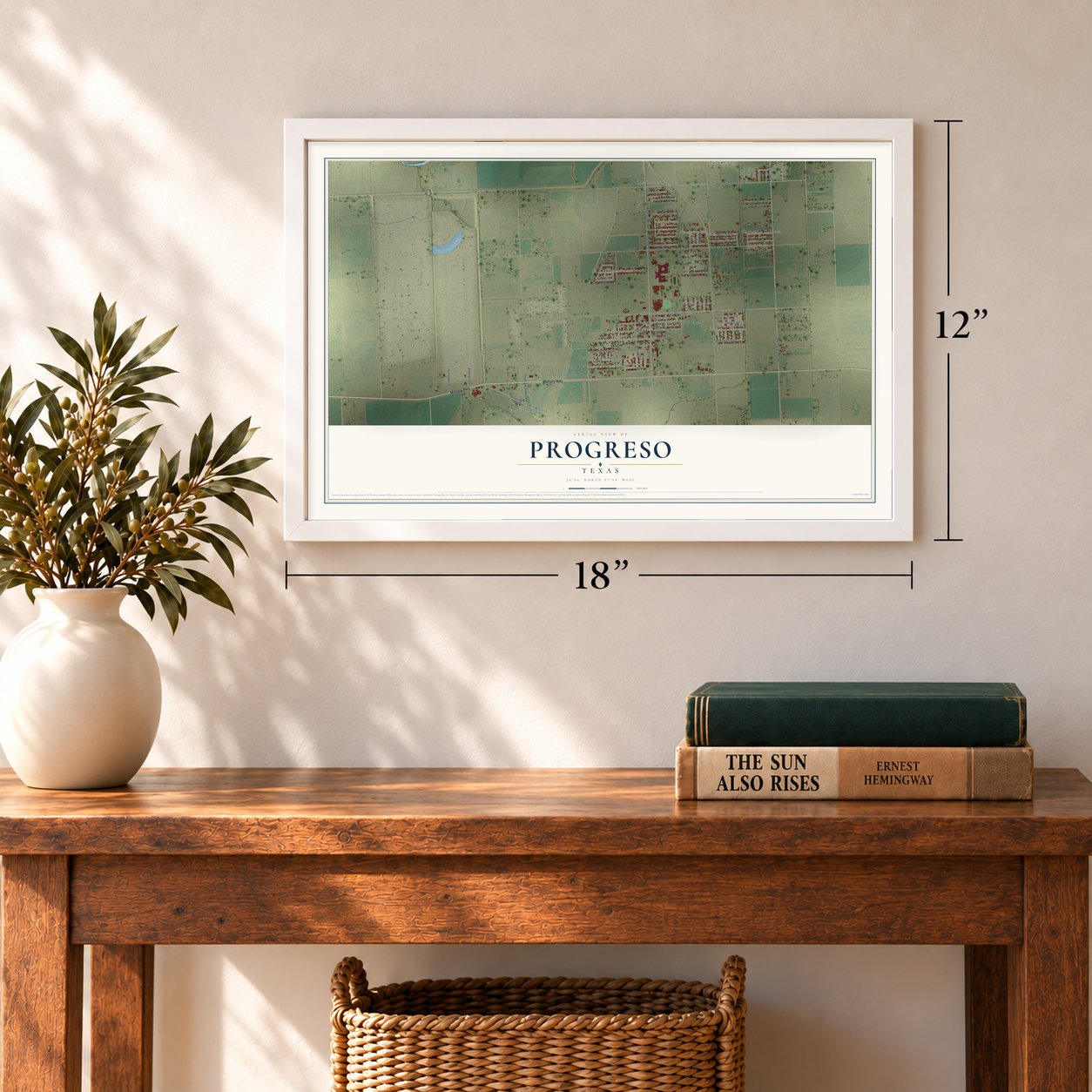 Progreso, Texas map, 12 x 18 inch print in a white frame in an entryway