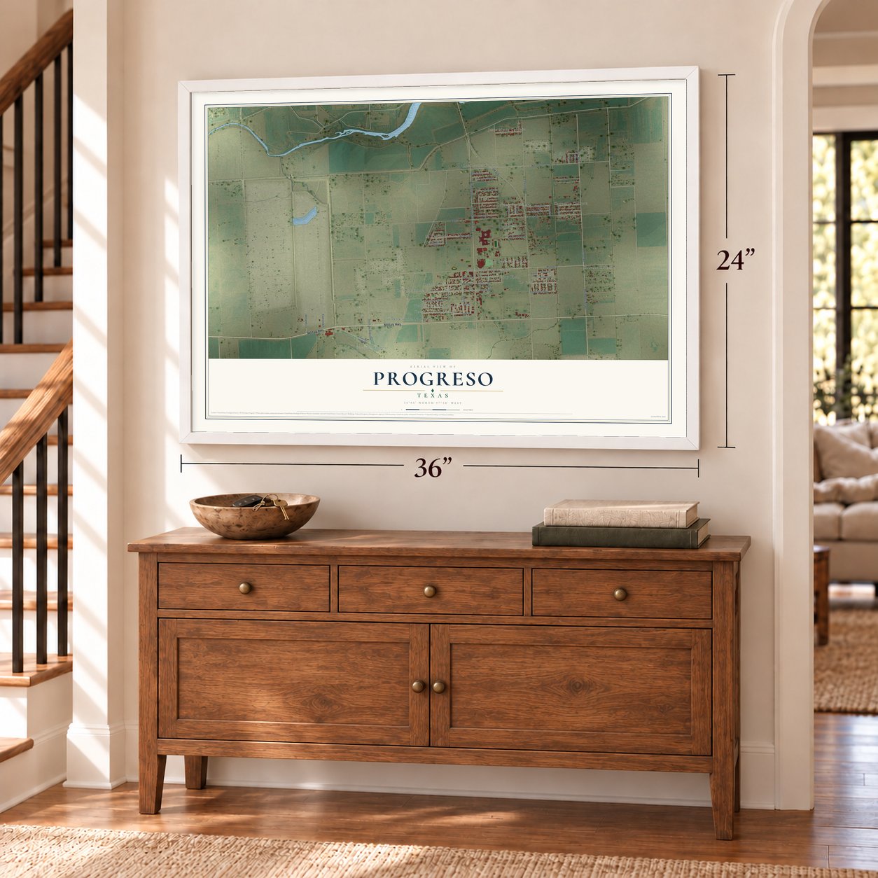 Progreso, Texas map, 24 x 36 inch print in a white frame above a dresser by a staircase