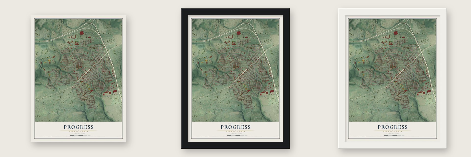 Progress, Pennsylvania map unframed, in a black wood frame and in a white wood frame