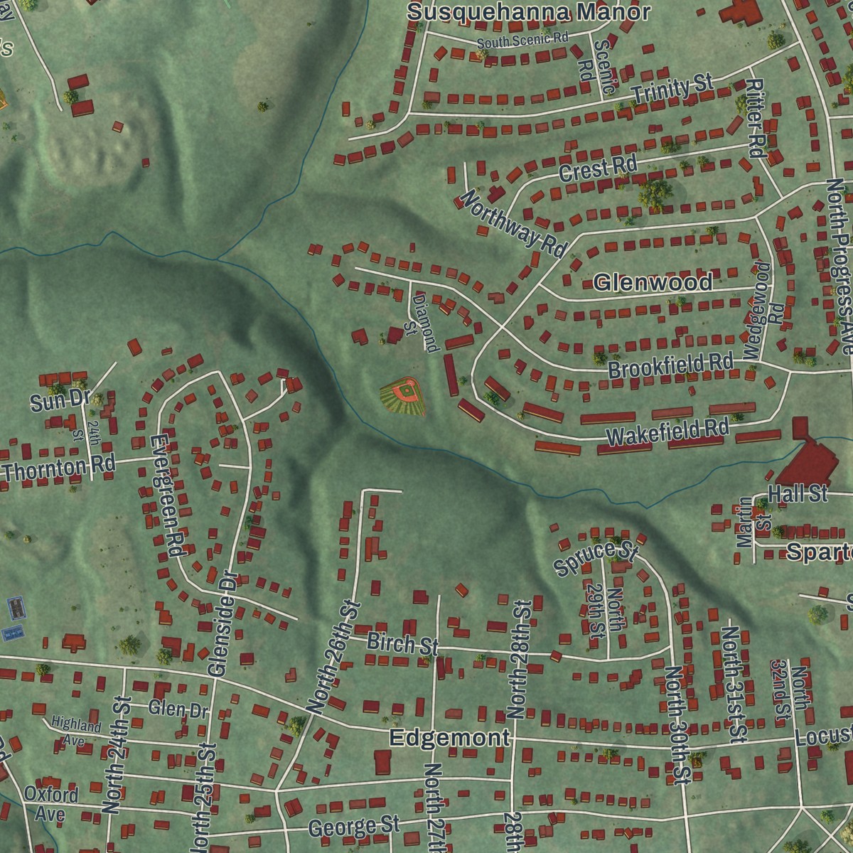 Second close-up of the map of Progress, Pennsylvania print showing more streets and buildings